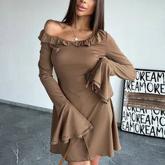 Flare Sleeve Slim Mini Dress For Women Fungus Splice Long Sleeve Outfits New Female Elegant Club Party Dresses High Waist