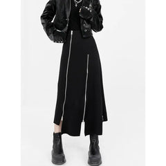 Harajuku Long Skirt Women Black High Waist A-line Zipper Split Irregular Japanese Fashion Midi Autumn Streetwear
