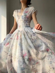 French Vintage Court Style Midi Dress Elegant V Neck Slim Wasit Party Prom Vestidos 2025 Summer One Piece Robe Female Clothes