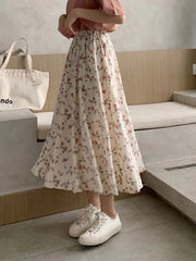 Vintage Floral Print A-line Pleated Long Skirts Summer Women 2024 Korean Skirt Streetwear Drawstring Elastic Waist Midi Skirt
