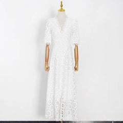 2025 New Top Hollow Out Embroidery Dress For Women V Neck Half Sleeve High Waist Elegant Dresses Female Fashion New Clothin