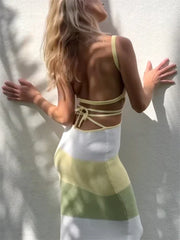 Women's Beach Knitted Maxi Dress Cover Up Holiday Party Sundress Contrast Color Crochet Long Dress Summer Outfits 2023