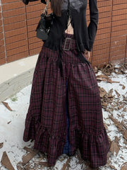 Plaid Long Skirt Womens Maxi Skirt 2023 Goth Lolita Low Waist Ladies Front Zip Ruffle Pleated Skirts rok