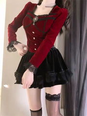 Sweet Red Velvet Long Sleeved Slim Fit Tops Women+ High Waist Lace Patchwork Ruched Skirts Autumn Winter New Two Piece Sets