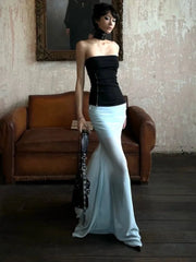 2024 Summer Sexy Slim Fit Strapless Tops Women+ Fashion New Mid-length Loose Bodycon Skirts Y2k E-Girl Two Piece Sets