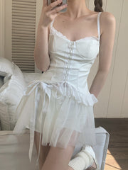 Lace Kawaii Sweet 3 Piece Set Women Bandage Korean Fashion Party Mini Skirt Suit Bow Ruffles Fairy Vintage Clothing 2023 Summer