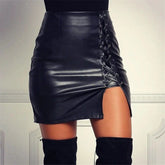 Summer Sexy Girls Above Knee Black PU Leather Mini Skirts Spring Female High Waist Bodycon Front Split Elegant Short Skirt