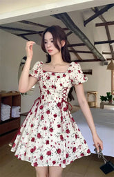 Berry Basket Interwoven With Wild Summer Roses Kawaii Academia Y2K Cottagecore Coquette Fairycore Dollette Princesscore Mini Dress