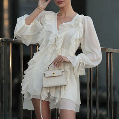 Ruffled Lace-Up Dress For Women V-neck Long Sleeve Fashion A-Line Mini Dresses Patchwork Club Party Outfits Elegant Lady