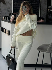 Knitted Skirt 2 Piece Set Women's One-Shoulder Long Sleeves Sweater Pullover Elegant Slim Fit Long Skirt Suit Autumn New