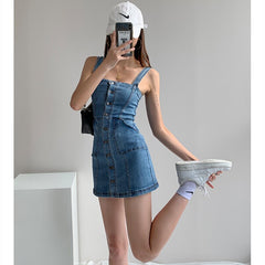 Back to school Women Denim Dress Summer New Sexy Straps Skinny Short Skirt Blue Korean Fashion Classic Streetwear One Word Collar Jean Dress