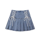 Korean Chic Blue Denim Skirt for Women 2024 Summer New High Waist A-line Skirts Y2k E-Girl Drawstring Bow Faldas Mujer