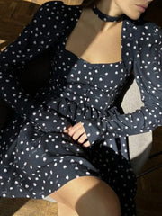 Folds Print Dress For Women 2025 Summer Casual Long Sleeve France Retro Dresses Femme Street Elegant Floral Dress Female