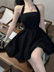 Preppy Style French Small Black Dress Elegant Summer Soft Girl Backless Hanging Back Neck Strapless Fluffy Fashion Dresses ETCS