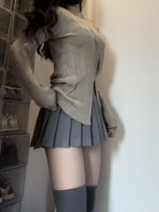 Korean Simple Off Shoulder Slim Fit Knitted Pullover+ Y2k E-Girl High Waist Ruched Skirts 2024 Autumn New Two Piece Sets