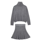 High Neck Knitted Pullover Pleated Mini Skirt Suit