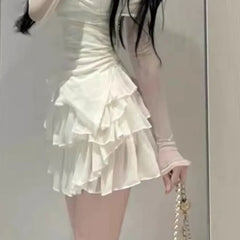 Sweet Sexy Slash Neck Sun Protection Mesh Tops Women+ Y2k E-Girl High Waist Ruched Cake Skirts Summer New Two Piece Sets