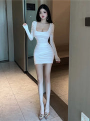 2025 Spring Women's New Sexy Spice Girls foundation Square Neck Long Sleeve Slim Solid Color Fashion Wrap buttocks Dress F0RZ