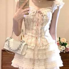 Fashion Sweet Slim Fit Sleeveless Vest for Women+ Y2k E-Girl High Waist Lace Ruched Skirts 2024 Summer New Two Piece Sets