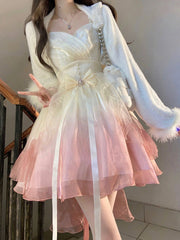 2023 New Spring Gradient Mesh Sling Kawaii Dress Women's Korean Y2K Lolita Mini Dress Chiffon Fashion French Female Dress