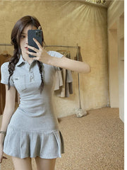 2025 Summer New Fashionable First Love Gentle Style Fishtail Polo Dress Solid Embroidery Rib Button Short Sweet Women SHWP