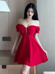 2025 Summer New Women's Light Mature Sexy Deep V Zipper Puff Short Sleeve fashion A-line Waist retraction Solid Color Dress GPUQ