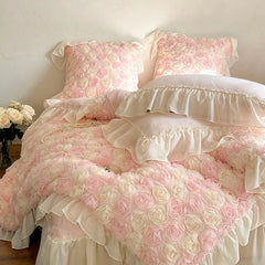 Three-Dimensional Rose Flowers Lace Ruffles Princess Wedding Bedding Set Warm Milk Velvet Duvet Cover Bed Sheet Pillowcases 4Pcs