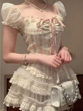 Sweet Square Collar Bow Puff Sleeve Slim Fit Floral Tops Women+ High Waist Ruched Lace Skirts 2024 Summer New Two Piece Sets