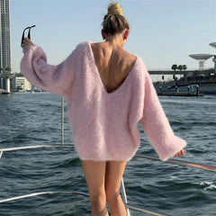 2025 Autumn Long Sleeve Sexy Big Backless Knitted Sweater Dress For Women Fashion Solid Loose Sweater Pullover Streetwear