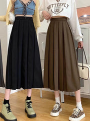 Long Skirt Brown 2024 Summer Korean Fashion High Waist Black Midi Skirt Women Elegant A Line Girls Pleated Skirts Gray Spring