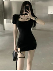 Black Hollow Out Spicy Girl Dress Women's 2025 Summer New Sexy Nightclub Short Sleeved T-shirt Skirt Wrap Hip Short Skirt XGIO