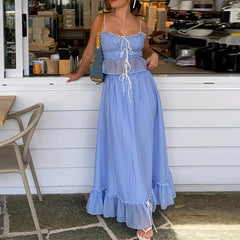 Fairy Vintage Outfits Streetwear Elegant Holiday 2 Piece Ruffles Front Tie Up Crop Top Camis + High Waist A-line Maxi Long Skirt