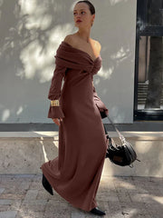 Elegant Brown Knitted Long Dress For Women One-shoulder Ruched Sexy Sweater Dress Slim Plunge Club Party Dress Female