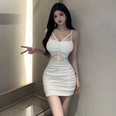 2025 Summer Women's New Sexy Spicy Girl Double Layer Gauze Splice chest Fold Wrap buttocks Solid Color Fashion sling Dress Z2ZX