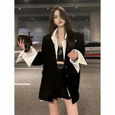 Korean Fashion Fake Two Piece Long Sleeve Coat Women+ Y2k Grunge High Waist Black Skirts 2024 Autumn New Sets