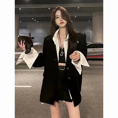 Korean Fashion Fake Two Piece Long Sleeve Coat Women+ Y2k Grunge High Waist Black Skirts 2024 Autumn New Sets