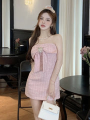 Luxury Diamonds French Small Fragrance Tweed Party Dresses For Women 2025 High Quality Korean Fashion Hotsweet Bow Sexy Dress