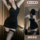 2025 Summer New Women's Sexy Leopard Stripe sling Temptation Lace Bow Temptation Pleated Slim Deep V Wrap buttocks Dress DX9E
