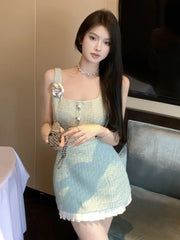 Korean Sweet Small Fragrance Tweed Dresses For Women 2025 French Fashion 3D Flower Summer Dress Hotsweet Sexy Tank Party Dress
