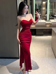 2025 Summer Women's Sexy Temperament ceremonial dress Wrapped Chest backless High Split Velvet Wrapped Hip Red Long Dress FQ4B