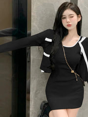 2025 Spring Autumn New Women's Sexy Temperament Knitted Cardigan Coat Slim Wrap Hip Tank Top Dress Fashion Two Piece Set WHH4