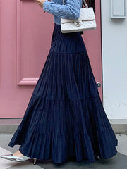 Pleated Maxi Skirt Women Korean Fashion Elegant Solid Color A Line Skirts Ladies Autumn Casual Loose Elastic Waist Long Skirt