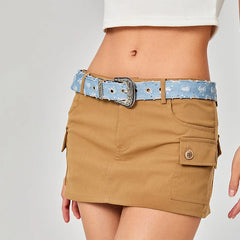 Fashion Vintage Blue Denim Belt with Retro Carved Pattern and Needle Buckle Y2k Belt Straps for Women Jeans Dress Accessories