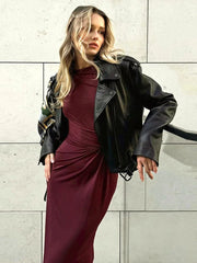 Ruched Elegant Long Dress For Women Solid High Waist Long Sleeve Bodycon Outfits Fashion Autumn 2025 Female Party Dresses