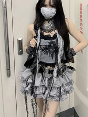 Fashion Sweet Lace Slim Fit Camisole Tops Women+ Y2k Kpop High Waist Ruched Cake Skirts 2024 Summer New Two Piece Sets