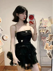 Even Party Black Dress Women Casual Corset Y2k Mini Office Lady Sleeveless Bodycon Lace One Piece Korean