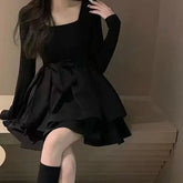 Korean Style Long Sleeve Drees Women Autumn Patchwork Square Collar Black Puffy Dresses Woman Fashion Prom Bow Black Mini Dress