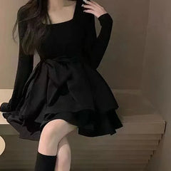 Korean Style Long Sleeve Drees Women Autumn Patchwork Square Collar Black Puffy Dresses Woman Fashion Prom Bow Black Mini Dress