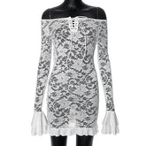 Ruffle Lace Dress For Women Off Shoulder Bandage See Through Mini Dresses Girls Summer Beach Backless Holiday Dress Woman