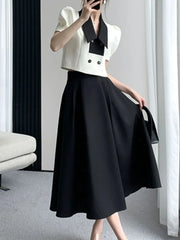 French Elegant Two Piece Sets Vintage Office Lady Puff Sleeve White Crop Top + A Line Black Midi Skirts Suit Retro Summer Outfit